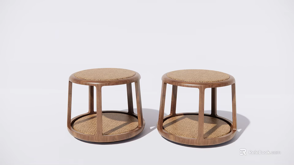Two Wooden Stools With Round Rattan Woven Seats And Minimalist Design 3d model 
