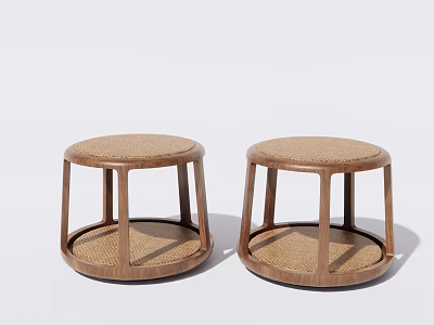 Two Wooden Stools With Round Rattan Woven Seats And Minimalist Design 3d model