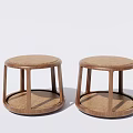 Two Wooden Stools With Round Rattan Woven Seats And Minimalist Design