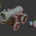 Vintage Cannon Weapon with Metal Barrel Wooden Carriage and Wheels and Cannonballs on Dark Background