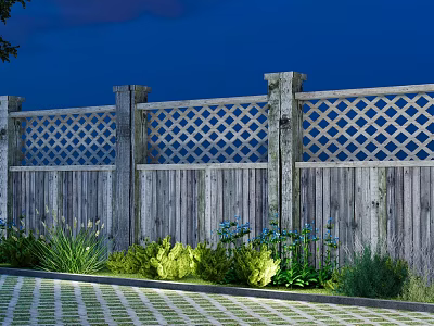 Wooden Fence Exterior Design With Lattice Pattern Nighttime View Green Plants And Paved Ground 3d model