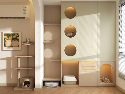 Modern Cat Tree With Wooden Cabinets Round Holes Litter Box Window Blinds And Wall Art 3d model