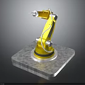 Yellow Robotic Arm Placed On White Square Base Platform With Metallic Structure 3d model
