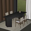 Modern Dining Table Set Featuring Black Tabletop Light Gray Chairs Wooden Wall Window Vase Plants 3d model