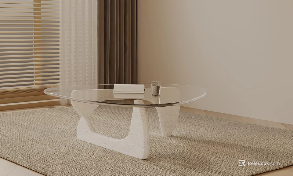 Modern Sofa And Coffee Table Set With Glass Top White Base On Rug And Curtains 3d model 