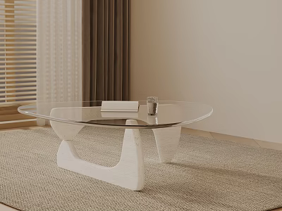 Modern Sofa And Coffee Table Set With Glass Top White Base On Rug And Curtains 3d model