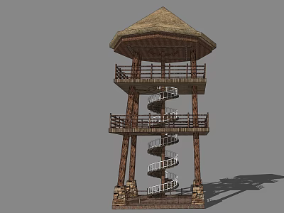 Traditional Wooden Tower With Spiral Staircase Octagonal Roof And Stone Base 3d model