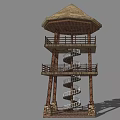Traditional Wooden Tower With Spiral Staircase Octagonal Roof And Stone Base