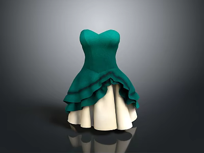 Elegant Green And White Layered Ruffled Dress With Stylish Frilled Hem Design 3d model