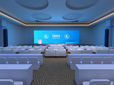 Modern Banquet Hall With Large Screen IBM Logo And White Tables Chairs Setup 3d model