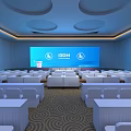 Modern Banquet Hall With Large Screen IBM Logo And White Tables Chairs Setup