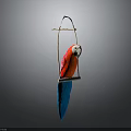 Red and blue parrot perched on wooden bird stand with metal frame