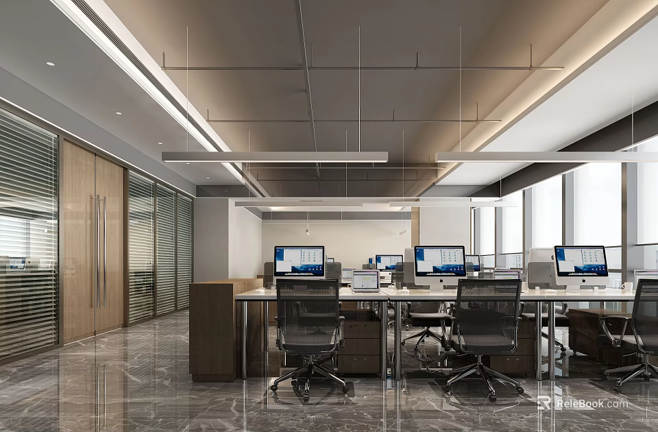 Modern Public Office Interior Design With Open Workstations Computers Ergonomic Chairs And Ceiling Lights 3d model 