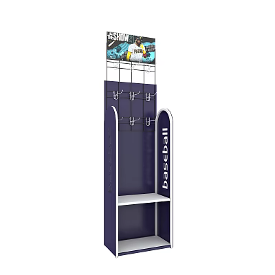 Modern Blue Metal Display Rack With Sturdy Hooks And Multiple Shelves For Basketball 3d model