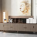 Modern Wooden TV Stand With Decorative Frames Artwork And Green Plant