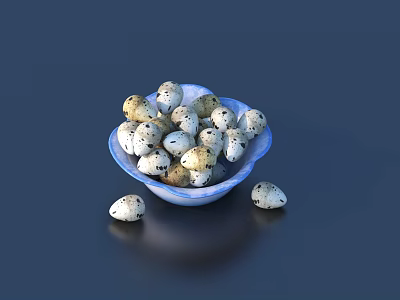 Quail Eggs Filled in Blue Bowl With Two Outside on Dark Background 3d model