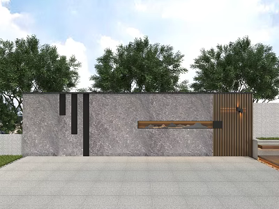 Modern Courtyard Garden Design With Stone Wall Wooden Door And Trees 3d model