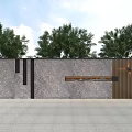 Modern Courtyard Garden Design With Stone Wall Wooden Door And Trees