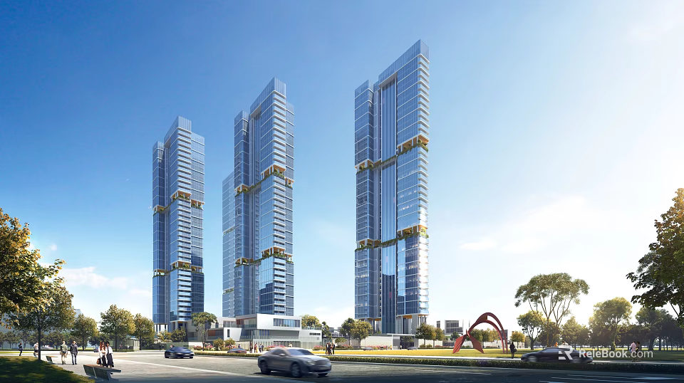 Modern Tall Office Buildings With Glass Curtain Walls Red Arch Structure And Trees 3d model 