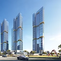 Modern Tall Office Buildings With Glass Curtain Walls Red Arch Structure And Trees