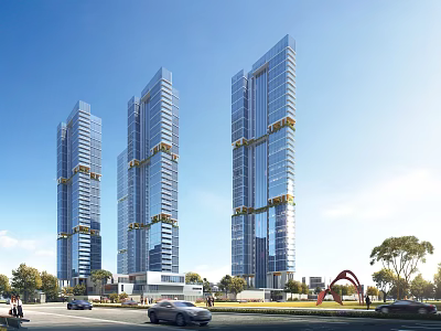 Modern Tall Office Buildings With Glass Curtain Walls Red Arch Structure And Trees 3d model