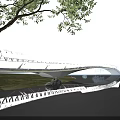 Modern Landscape Bridge With White Structure Reflection On Water And Evening Sky