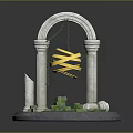 Decorative Miniature Scene With Arch Columns Golden Spiral Green Blocks And Stone Pieces