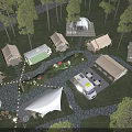 Garden Landscape Design With Camping Tents Dome Structures Caravan And Stone Pathways 3d model