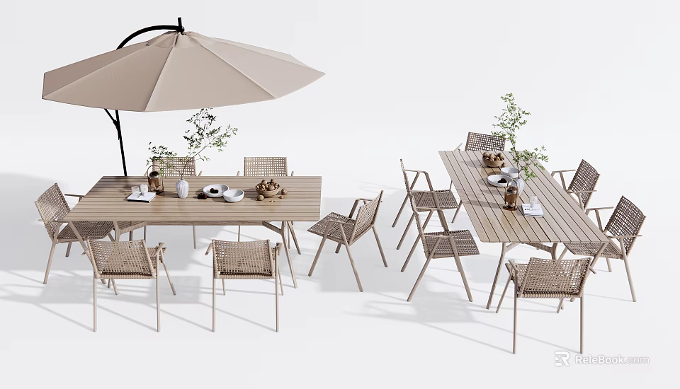 Stylish Outdoor Dining Table With Chairs Umbrella And Potted Plants For Patio 3d model 
