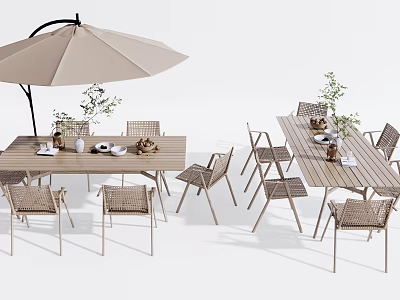 Stylish Outdoor Dining Table With Chairs Umbrella And Potted Plants For Patio 3d model