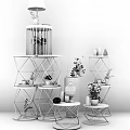 Golden Geometric Display Shelves Multi Tiered With Green Plants Pink Flowers And Vases