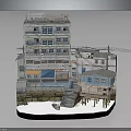 Aged Multi Storey Building With Balconies Colored Walls Adjacent Small House Waterfront Staircase And Boat