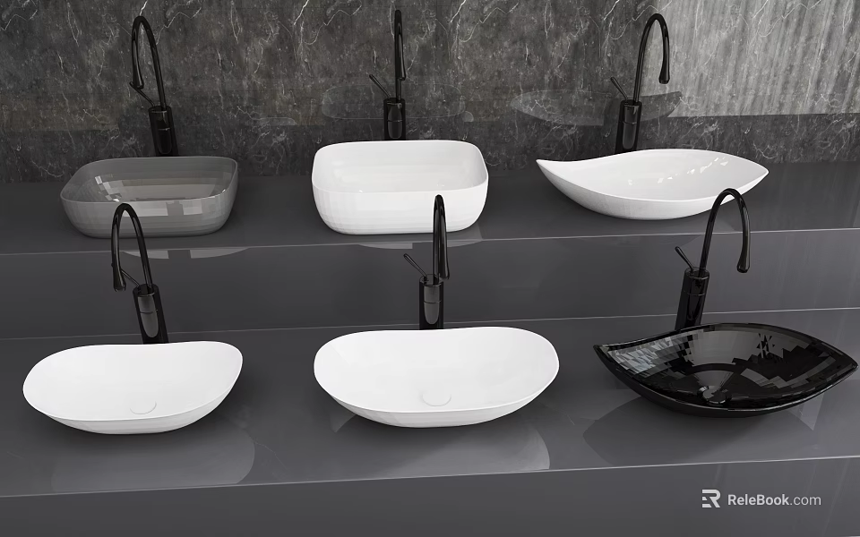Multiple Stylish Bathroom Sinks in Various Colors and Shapes With Black Faucets on Gray Countertop 3d model 