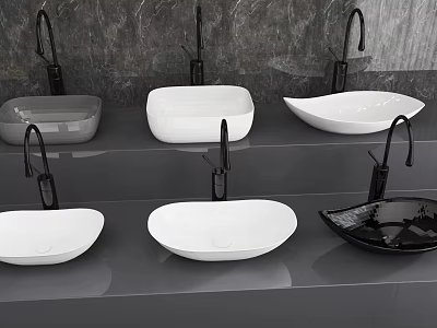 Multiple Stylish Bathroom Sinks in Various Colors and Shapes With Black Faucets on Gray Countertop 3d model