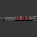 Military Missile Weapon with Red Silver Casing Blue Glowing Section Cylindrical Pointed Tip Rear Thruster