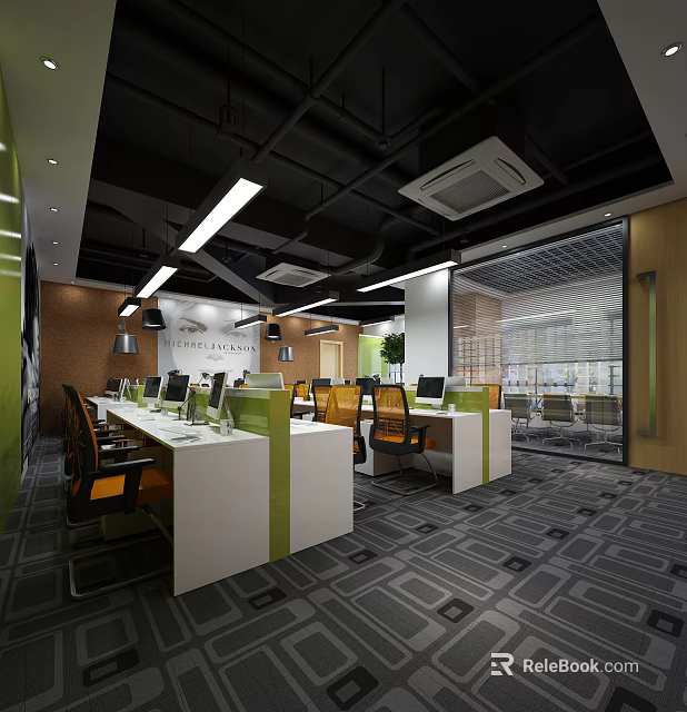 Modern Public Office Space Interior With Workstations Office Chairs Computers And Glass Windows 3d model 