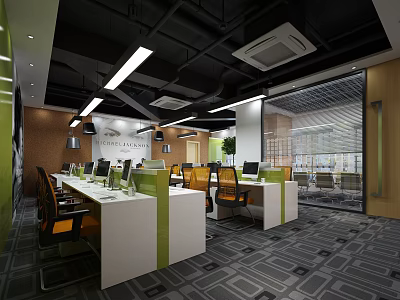 Modern Public Office Space Interior With Workstations Office Chairs Computers And Glass Windows 3d model
