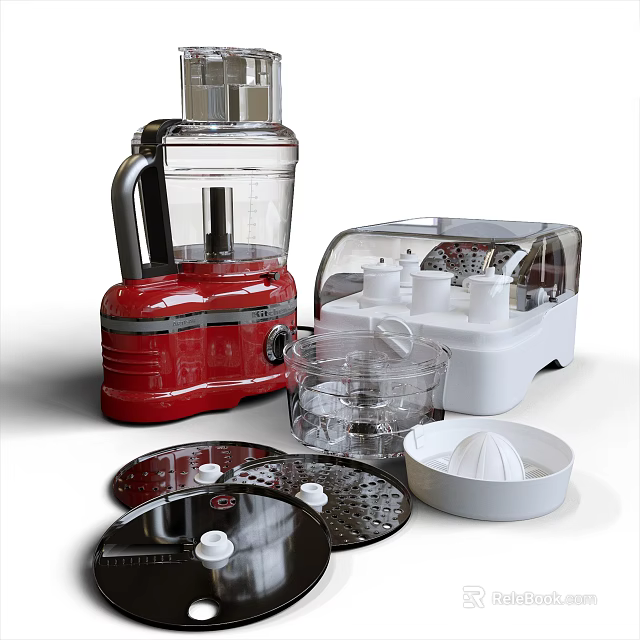 Functional Kitchen Appliances With Red Food Processor White Juicer And Transparent Containers 3d model 