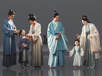 Group of People in Traditional Hanfu Costumes Standing with Adults and Children 3d model
