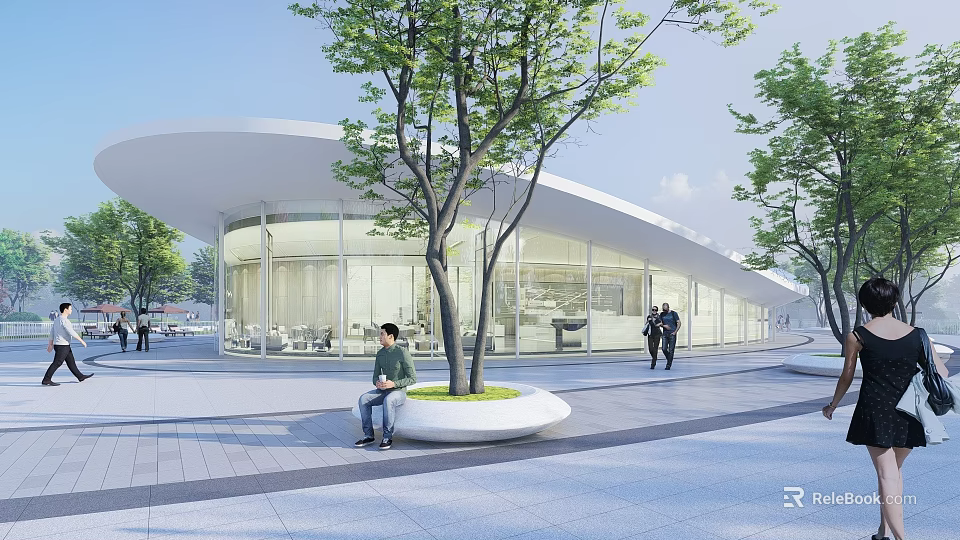 Contemporary Park Landscape Featuring Curved Roof Structure Glass Facades Trees And Pedestrian Walkways 3d model 