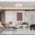 Elegant Modern Living Room Interior Design With Beige Sofa Gray Rug Minimalist Chandelier And Geometric Painting