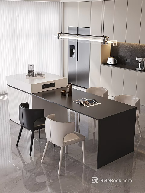 Modern Dining Room Interior With Black Table Light And Dark Chairs Magazines And Island Counter 3d model 