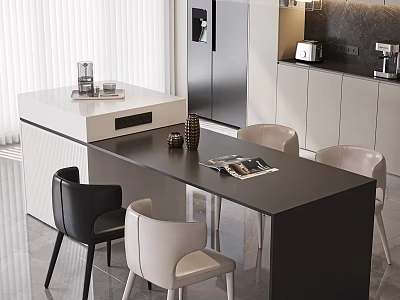 Modern Dining Room Interior With Black Table Light And Dark Chairs Magazines And Island Counter 3d model