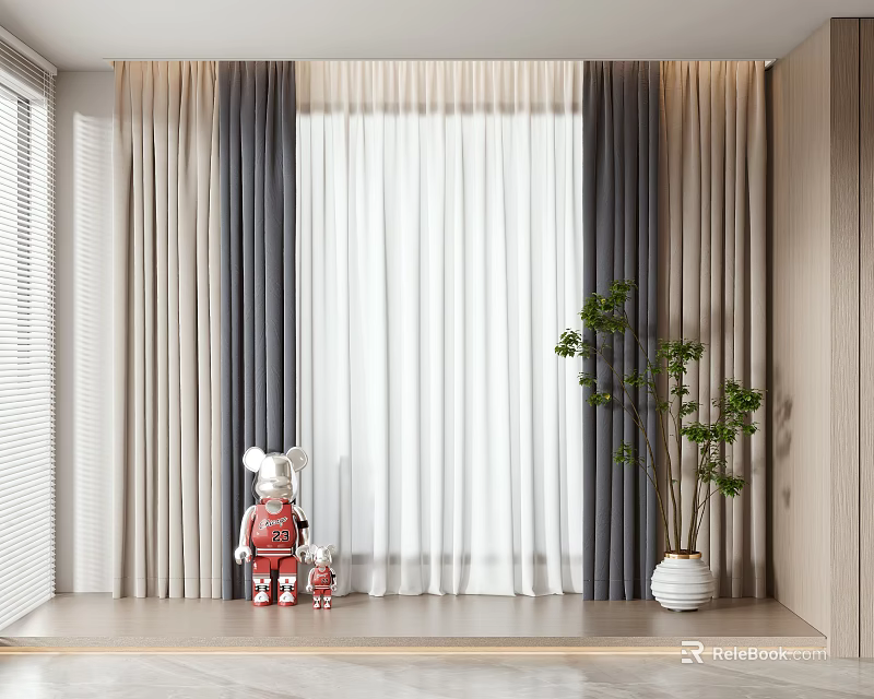 Gray and Beige Curtains with White Sheer Teddy Bear Dolls and Green Plant by Window 3d model 