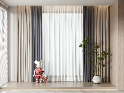 Gray and Beige Curtains with White Sheer Teddy Bear Dolls and Green Plant by Window 3d model