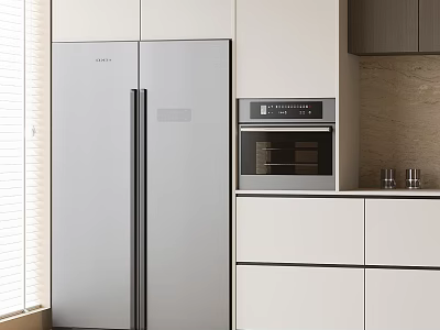 Modern Kitchen Interior With Stainless Steel Refrigerator Freezer White Cabinets And Built In Oven 3d model