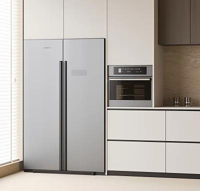 Modern Kitchen Interior With Stainless Steel Refrigerator Freezer White Cabinets And Built In Oven 3d model