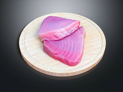 Fresh Tuna Meat Pieces Displayed On Round Wooden Cutting Board 3d model