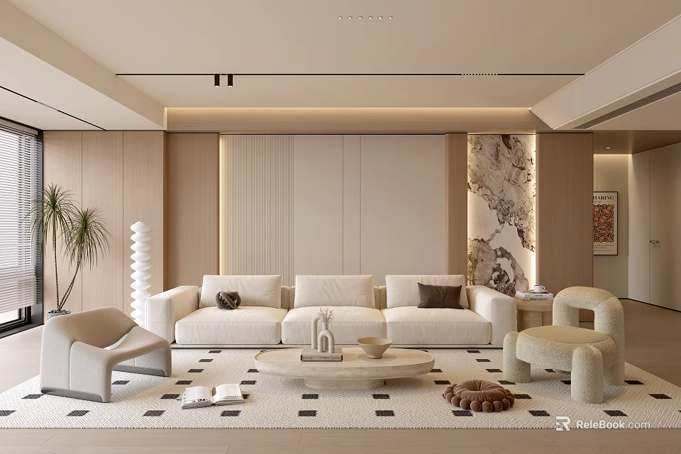 Warm Modern Cream Toned Living Room With Soft Plush Sofas And Natural Wood Accent Walls 3d model 