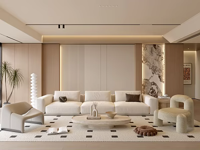 Warm Modern Cream Toned Living Room With Soft Plush Sofas And Natural Wood Accent Walls 3d model